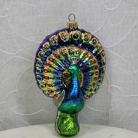 VTG Christopher Radko Peacock Ornament 6" Irredescent Blown Mercury Glass Poland - Picture 1 of 16